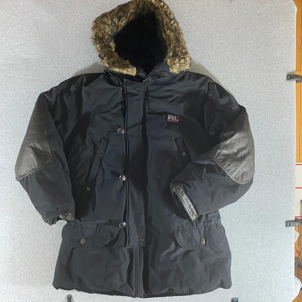RL Polo Jeans Ralph Lauren Black Down Parka Leather Trim Faux Fur Hood Large